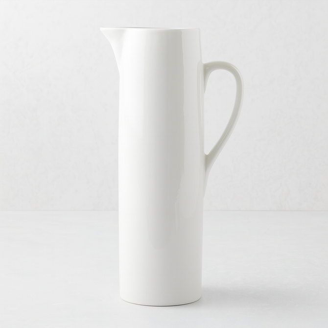 HG Original Tall Ceramic Pitcher, creamy white, 15"H, straight edges, classic design.