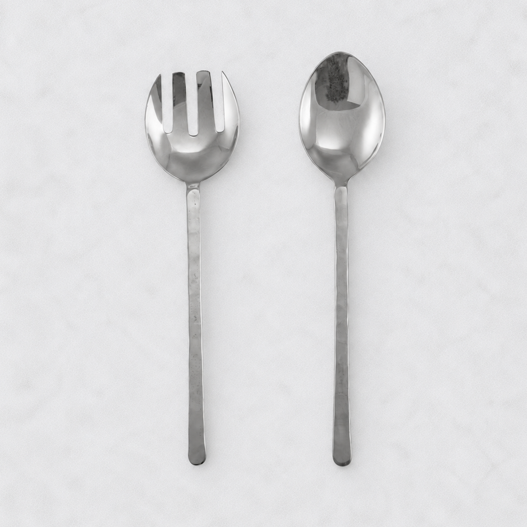 Orleans 2-piece serving set in polished 18/10 stainless steel with hammered handles and rounded ends.