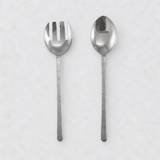Orleans 2-piece serving set in polished 18/10 stainless steel with hammered handles and rounded ends.