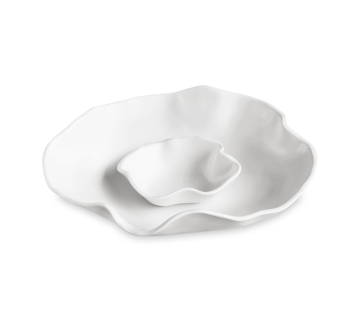 White luxury melamine chip and dip serve bowl with a sculptural shape and removable inner bowl, 14.5"Dia.