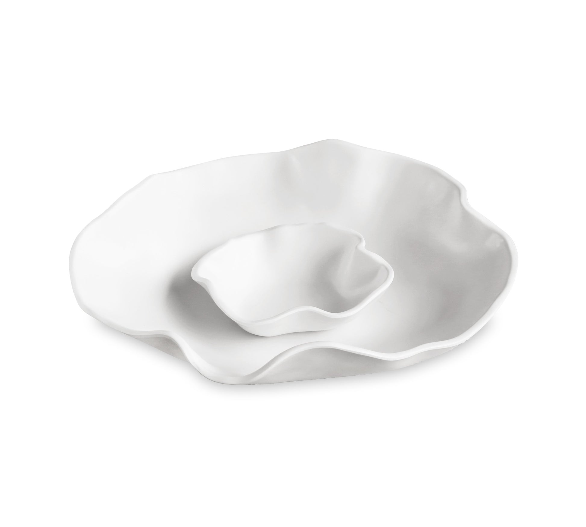 White luxury melamine chip and dip serve bowl with a sculptural shape and removable inner bowl, 14.5"Dia.