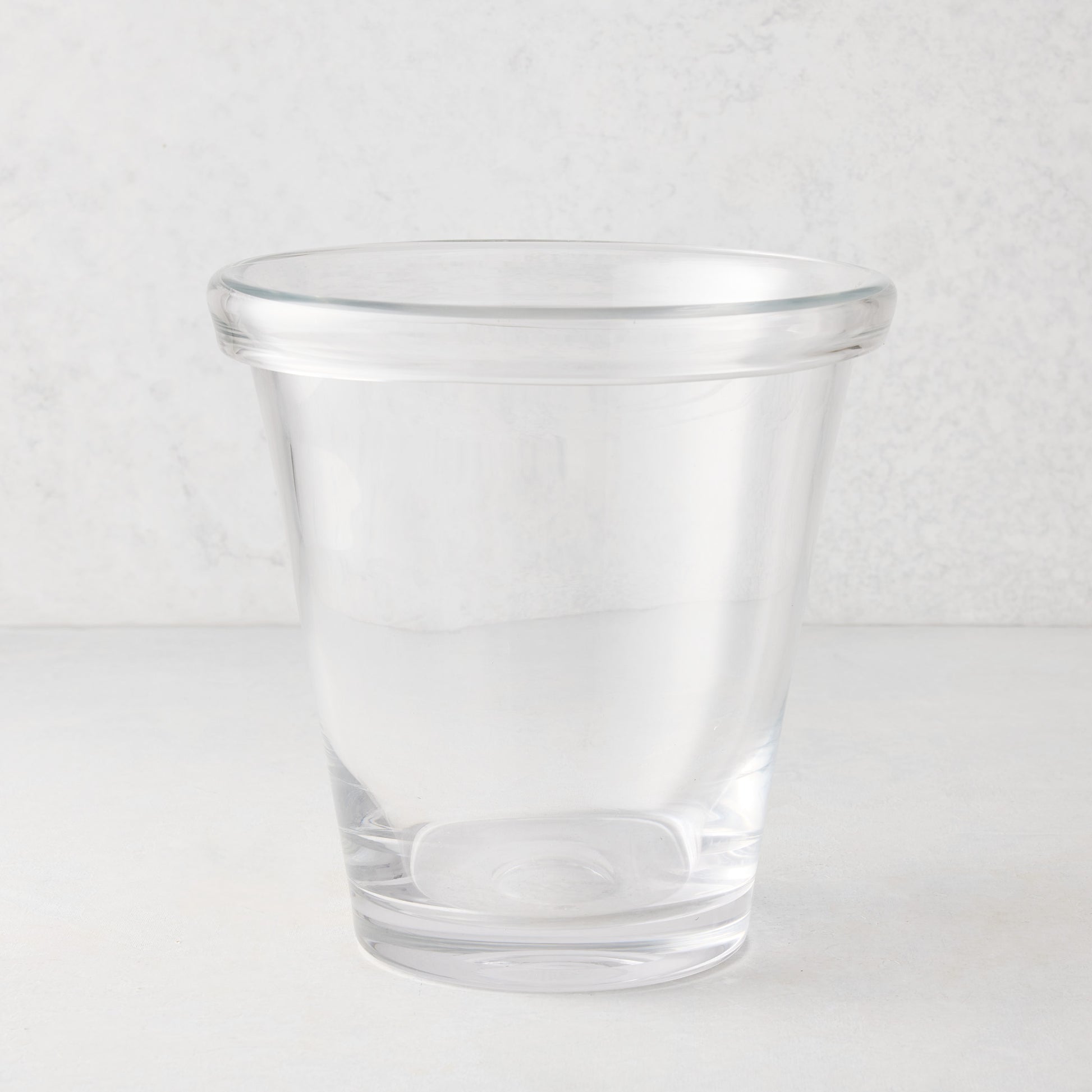 Clear glass Oxford ice bucket with a hand-molded, folded rim.