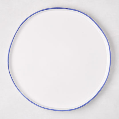 Pacific Blue-Rimmed Stoneware Dinner Plate, 11" diameter, with hand-painted irregular blue edge.