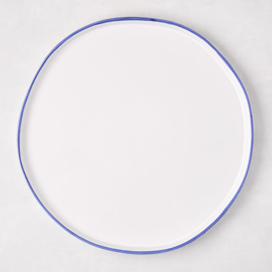 Pacific Blue-Rimmed Stoneware Dinner Plate, 11" diameter, with hand-painted irregular blue edge.