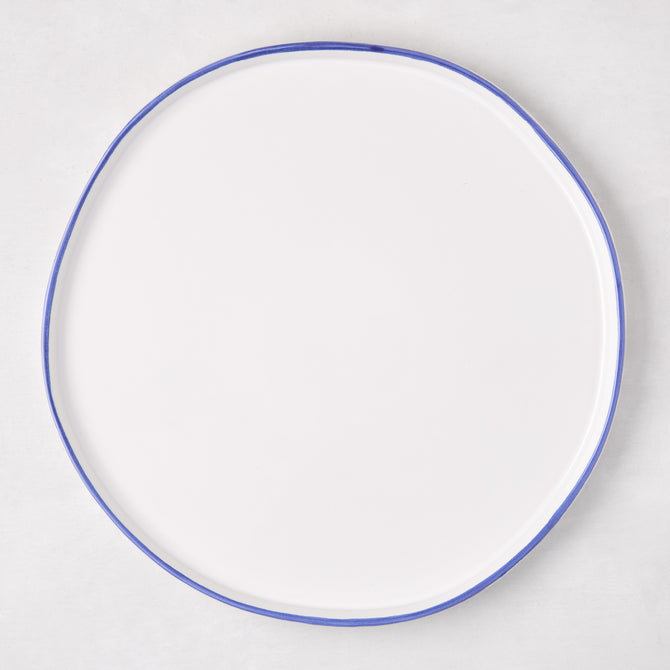 Pacific Blue-Rimmed Stoneware Dinner Plate, 11" diameter, with hand-painted irregular blue edge.