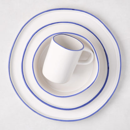 Pacific Blue-Rimmed Stoneware Mug, 10.82oz, 3"Dia x 4.5"H, with matching plates.