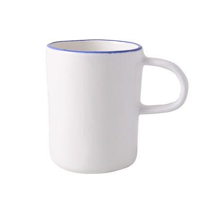 Pacific Blue-Rimmed Stoneware Mug, white with hand-painted blue edge, irregular shape.