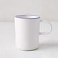 Pacific Blue-Rimmed Stoneware Mug, white with hand-painted blue edge, irregular shape.