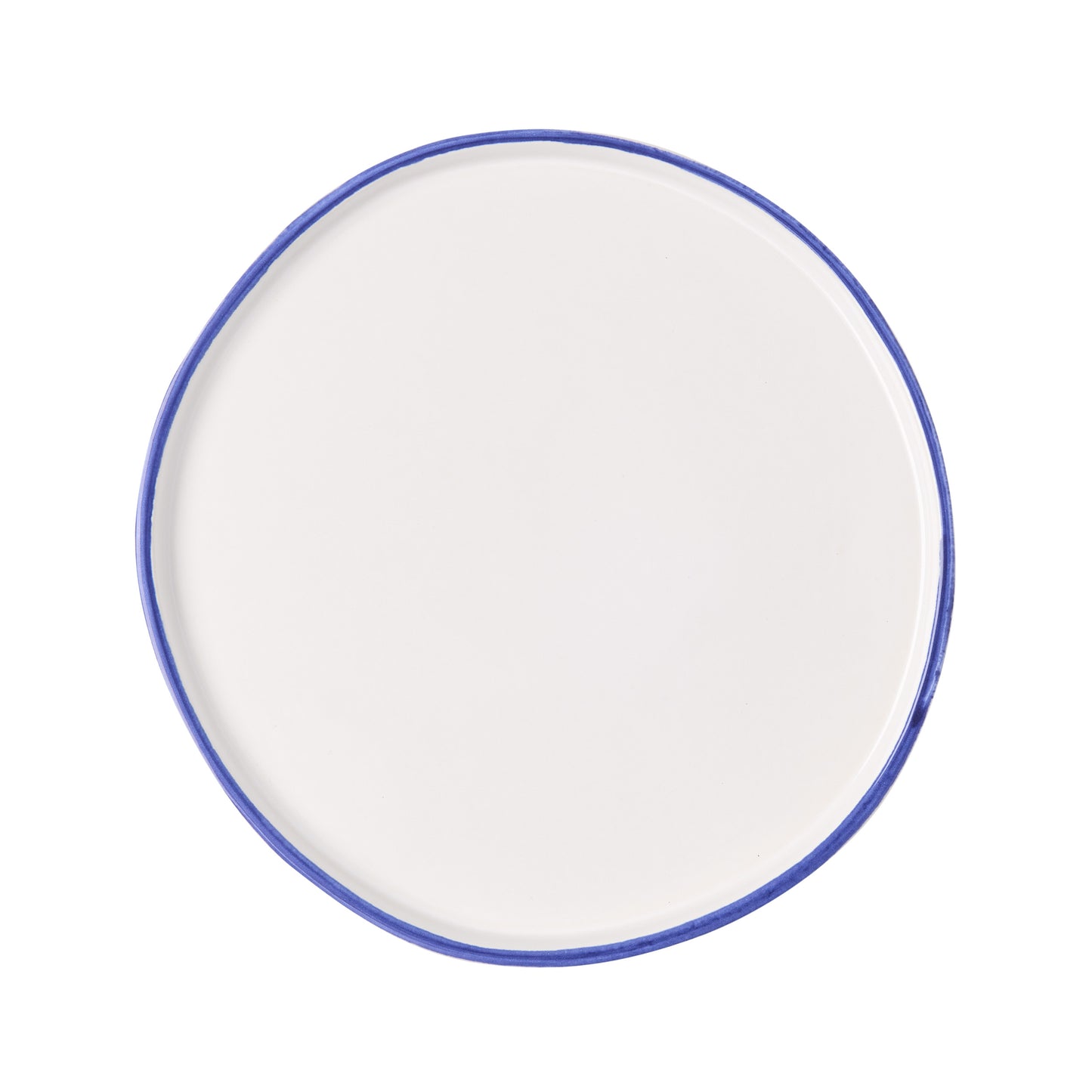 Pacific Blue-Rimmed Stoneware Salad Plate, 8" diameter, irregular shape, hand-painted blue edge.
