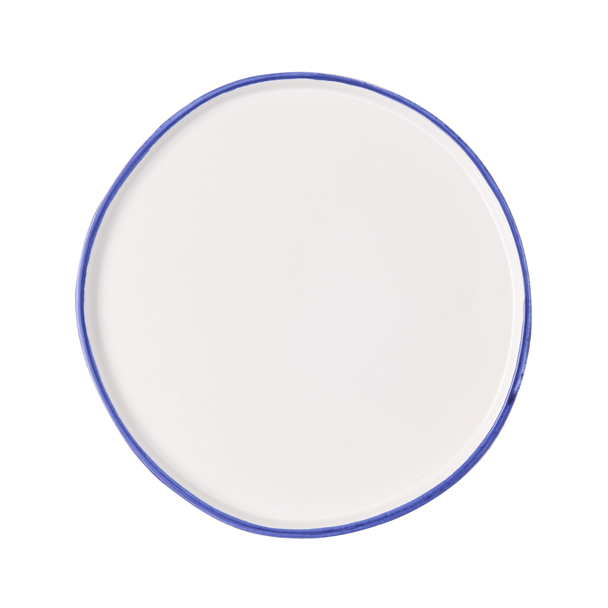 Pacific Blue-Rimmed Stoneware Salad Plate, 8" diameter, irregular shape, hand-painted blue edge.