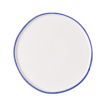 Pacific Blue-Rimmed Stoneware Salad Plate, 8" diameter, irregular shape, hand-painted blue edge.