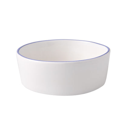 Pacific Blue-Rimmed Stoneware Soup Bowl, 6" diameter, white with hand-painted blue edge.