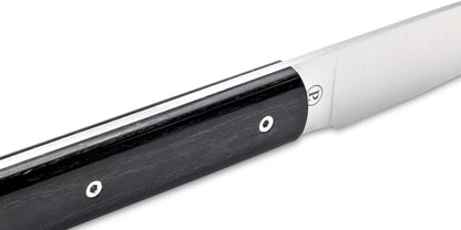 Perceval 9.47 stainless steel knife with a sleek black pakkawood handle and silver rivets on a white background.