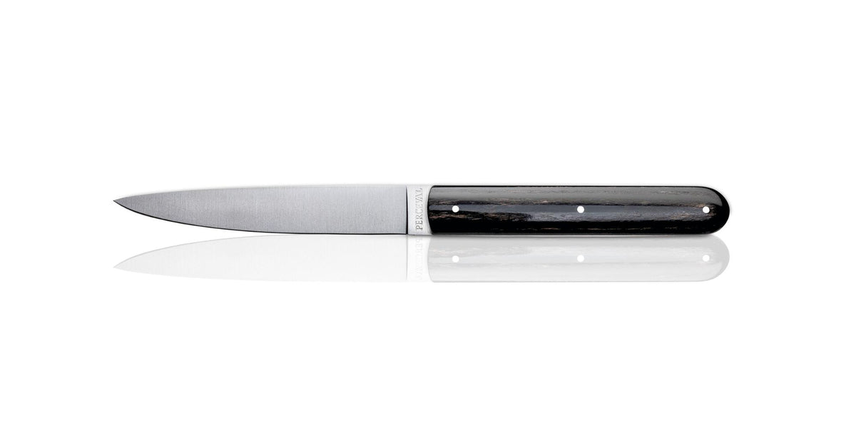 Perceval 9.47 stainless steel knife with a dark, polished pakkawood handle and three-rivet design on a white background.