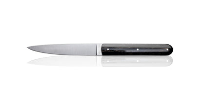 Perceval 9.47 stainless steel knife with a dark, polished pakkawood handle and three-rivet design on a white background.