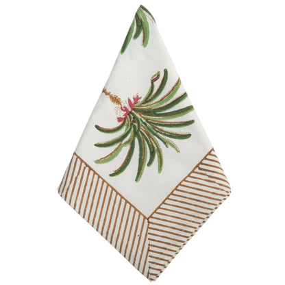 White cotton "Palms" Cabana block print napkin with green palm trees and a khaki striped border.