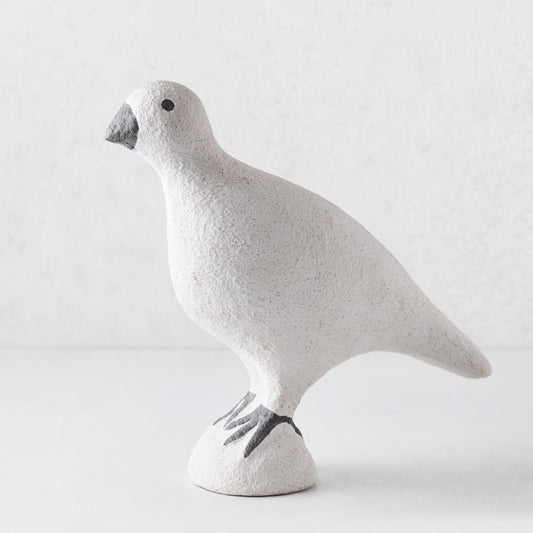 Handcrafted white paper mache turtledove figurine with a textured finish and dark grey beak and feet.
