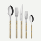 Paris Bistro 5-piece flatware set with 18/10 stainless steel and light beige wood-grain acrylic handles.