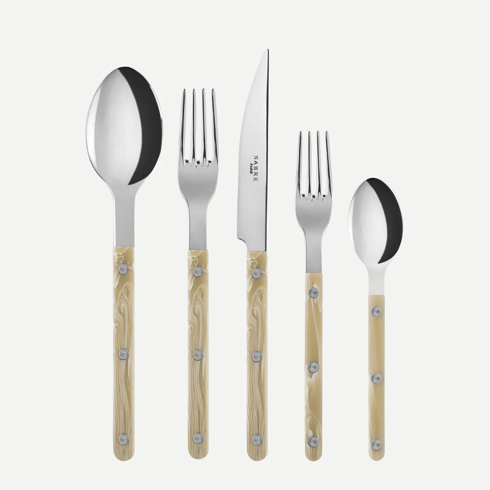 Paris Bistro 5-piece flatware set with 18/10 stainless steel and light beige wood-grain acrylic handles.