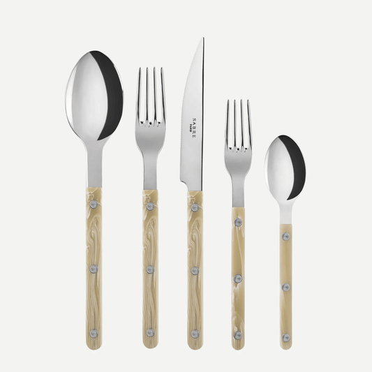 Paris Bistro 5-piece flatware set with 18/10 stainless steel and light beige wood-grain acrylic handles.