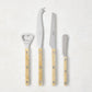 Paris Bistro Aperitif Set: 18/10 stainless steel bottle opener, tomato knife, cheese knife, butter spreader with cream acrylic handles.