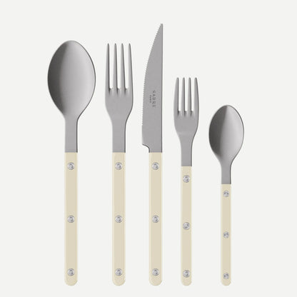 Paris Bistro Vintage Finish 5-piece flatware set with stainless steel and cream acrylic handles.