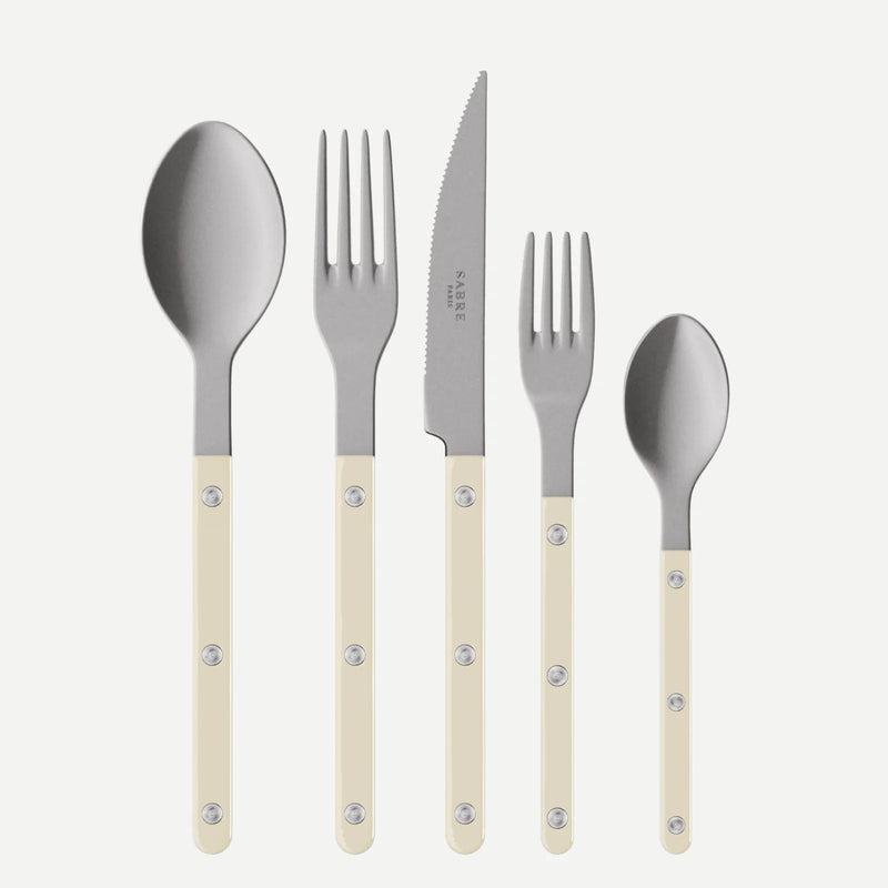 Paris Bistro Vintage Finish 5-piece flatware set with stainless steel and cream acrylic handles.