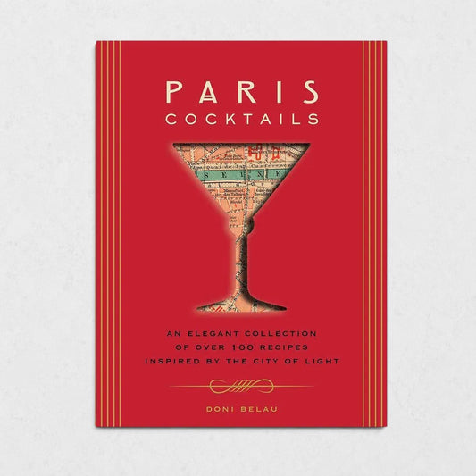 Red "Paris Cocktails" book with gold stripes, a map-filled martini glass icon, and white text.