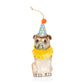 Hand-painted glass and resin bulldog Christmas ornament with a blue party hat and yellow ruffled collar.