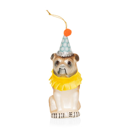 Hand-painted glass and resin bulldog Christmas ornament with a blue party hat and yellow ruffled collar.