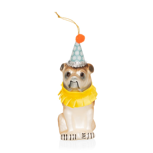 Hand-painted glass and resin bulldog Christmas ornament with a blue party hat and yellow ruffled collar.