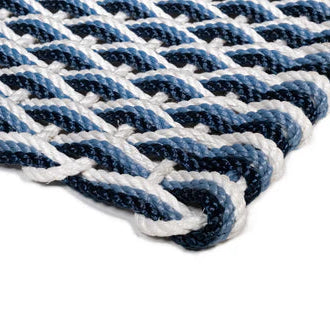 Pearl, Glacier Bay, and Navy braided rope doormat, handwoven, close-up of corner.