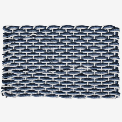 Pearl, Glacier Bay, and Navy braided rope doormat, handwoven, rectangular.