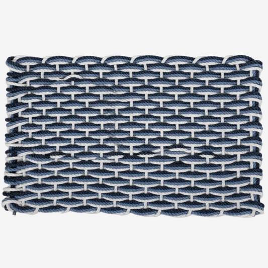 Pearl, Glacier Bay, and Navy braided rope doormat, handwoven, rectangular.