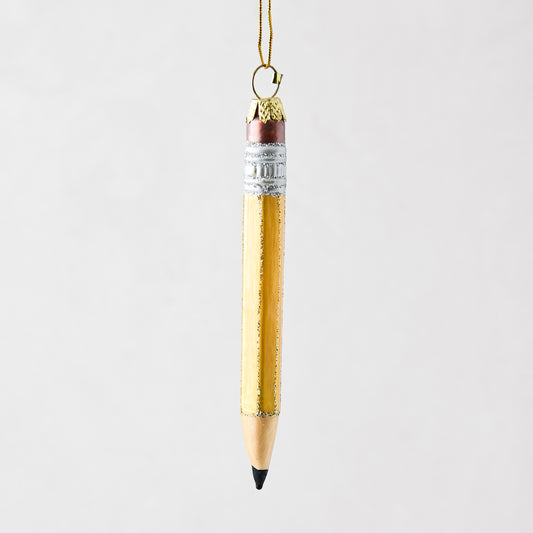 Hand-painted glass pencil ornament with yellow body, silver glitter accents, and a gold hanging loop.