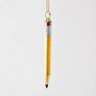Hand-painted glass pencil ornament with yellow body, silver glitter accents, and a gold hanging loop.