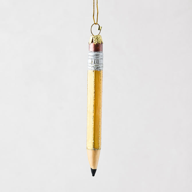 Hand-painted glass pencil ornament with yellow body, silver glitter accents, and a gold hanging loop.
