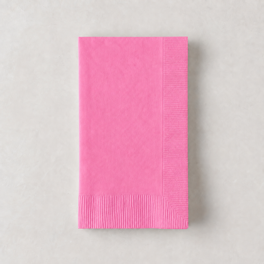 Bright pink 3-ply disposable paper hand towel with a textured border on a light gray background.