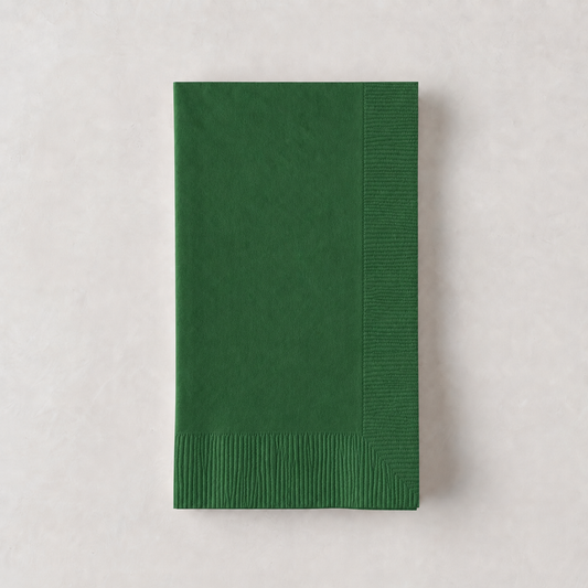 Dark green 3-ply disposable paper hand towel with a textured border, 8 by 4.5 inches.