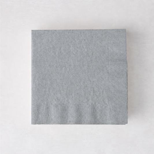 Square silver 3-ply paper cocktail napkin with embossed border detail on a white background.