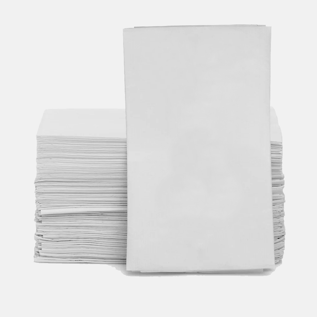 Stack of white 3-ply disposable paper hand towels, 8" x 4.5", for personalization.