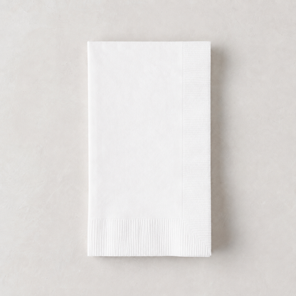 Folded white 3-ply paper hand towel with a textured border, 8 by 4.5 inches.