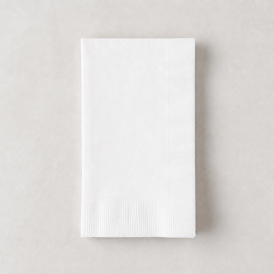 Folded white 3-ply paper hand towel with a textured border, 8 by 4.5 inches.