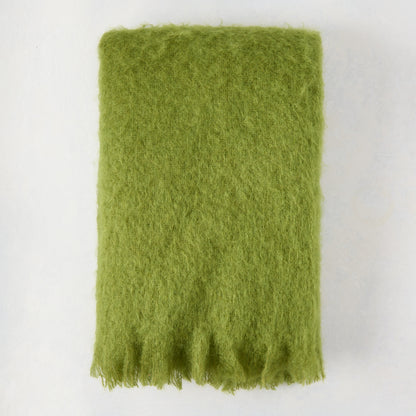 Pesto Green Solid Mohair Throw Blanket, 72"L x 51"W, with fringed edge.