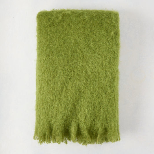 Pesto Green Solid Mohair Throw Blanket, 72"L x 51"W, with fringed edge.