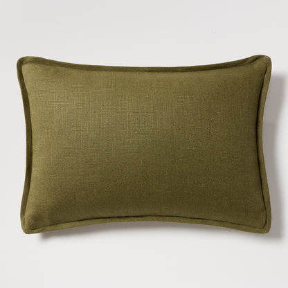 Pesto green tonal reversible velvet and linen lumbar pillow, 20"L x 14"H, with a hidden zipper.
