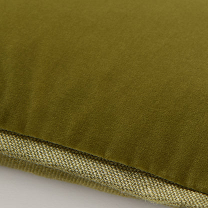 Pesto green tonal reversible velvet and linen lumbar pillow, 20"L x 14"H.