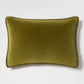 Pesto green tonal reversible velvet and linen lumbar pillow, 20"L x 14"H, with a hidden zipper.