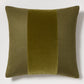 Pesto green 22" square linen and velvet pillow with a wide tonal velvet stripe.