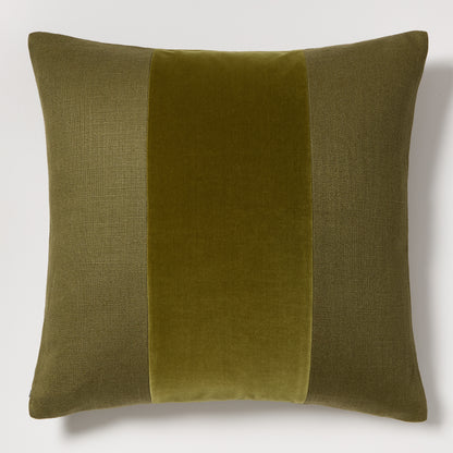 Pesto green 22" square linen and velvet pillow with a wide tonal velvet stripe.